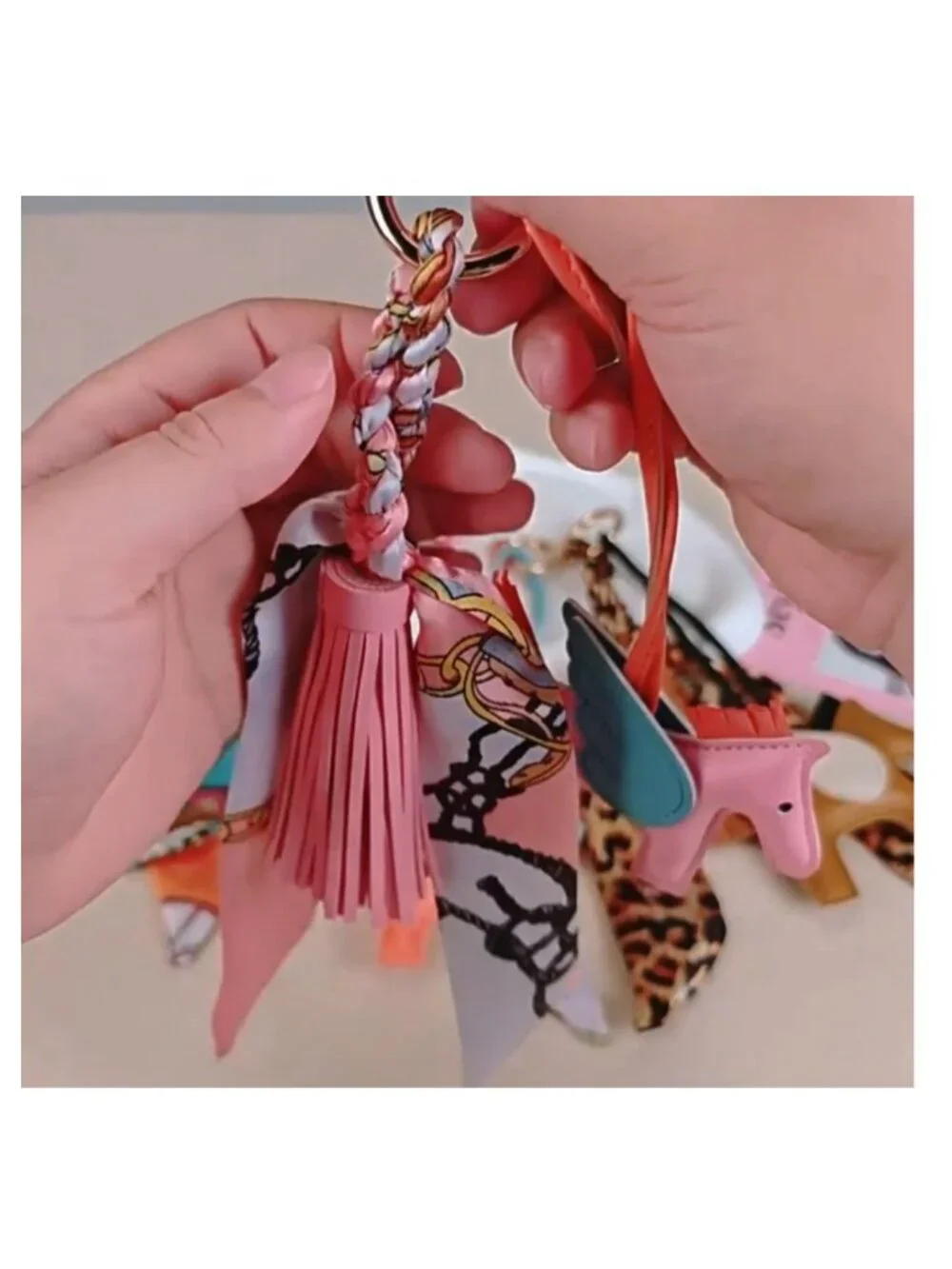 Leather Horse Bag Charm with Scarf Tassel Keychain for Handbags, Totes &